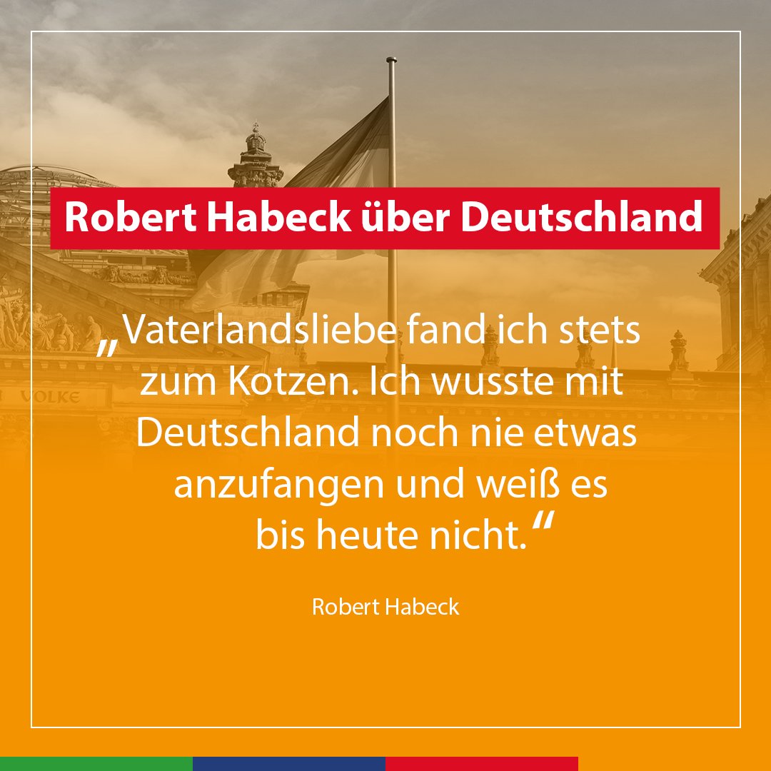 “Vaterlandsliebe fand ich stets zum Kotzen. Ich wusste mit Deutschland noch nie etwas anzufangen und weiß es bis heute nicht.” Robert Habeck 🟩🟩🟦🟦🟥🟥🟧🟧 Wir haben uns in der Partei dieBasis zusammengefunden, um ein anderes Miteinander zu schaffen. Eine Gesellschaft, die