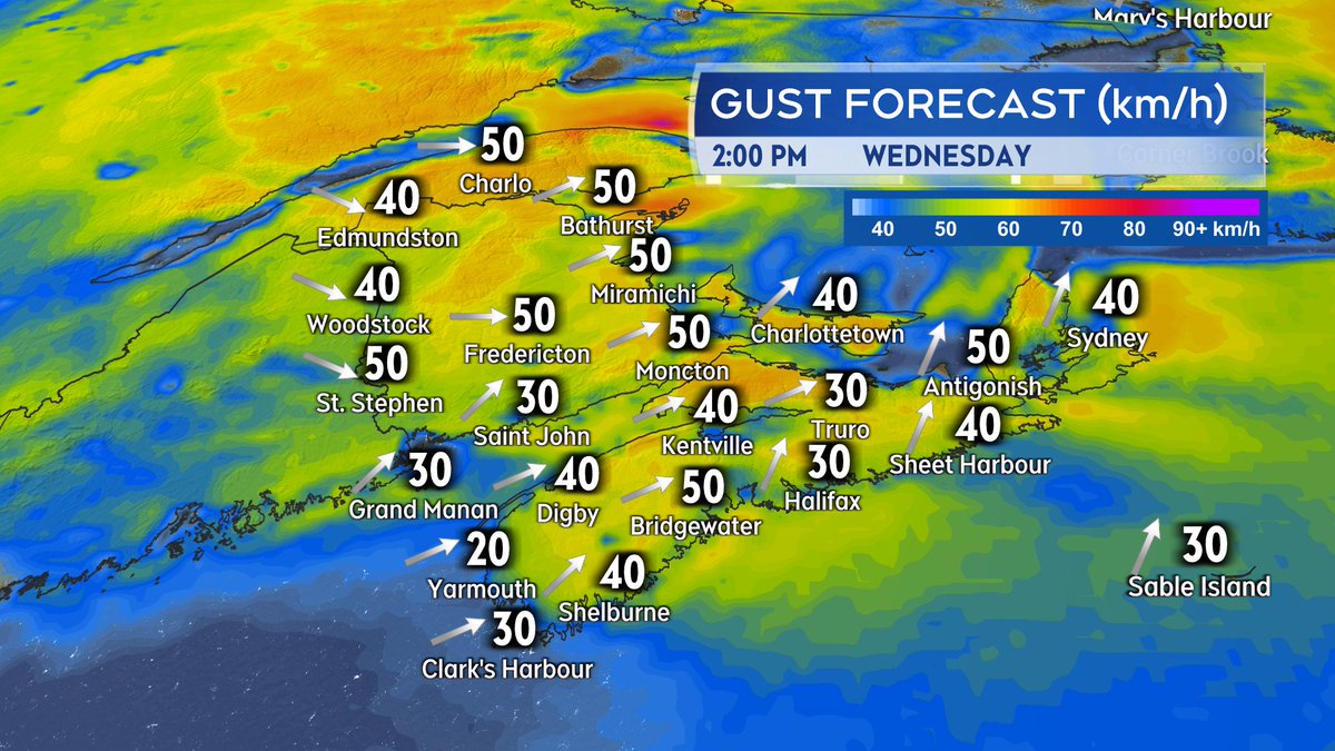 Rain/downpours clearing Cape Breton by around 10 PM. A diminished risk of t-storms with the scattered showers moving into northwest NB by then as well. Cloudy periods and patchy fog/drizzle tonight. Clearing to mix sun & cloud on Wed. Blustery SW wind but down compared to today.