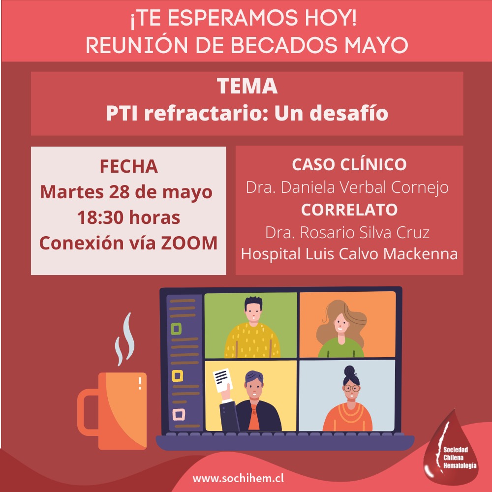 ¡Recuerda! 📣 Hoy martes 28 de mayo, desde las 18:30 horas, realizaremos una nueva Reunión de Becados. 
Como siempre, la actividad es vía Zoom y en esta ocasión se expondrá el tema “PTI refractario: Un desafío”. 
ID: 978 7747 8331
Pass: 006089
Link: zoom.us/j/97877478331?…