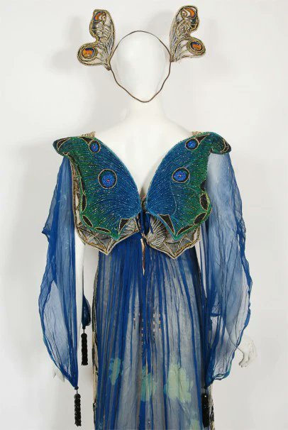 1912, House of Worth by Jean-Philippe Worth, haute couture beaded butterfly motif dress and headpiece.