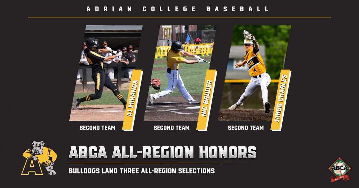 The @AdrianBaseball team earned three spots on the ABCA All-Region Team with Miranda, Bruder, and Charles earning Second Team Honors 📰tinyurl.com/yvapbm99 #d3baseball #GDTBAB