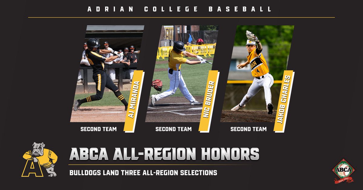 AdrianBulldogs's tweet image. The @AdrianBaseball team earned three spots on the ABCA All-Region Team with Miranda, Bruder, and Charles earning Second Team Honors

📰tinyurl.com/yvapbm99

#d3baseball #GDTBAB