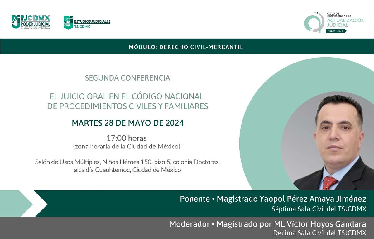 🔴 En unas horas inicia la conferencia moderada por el magistrado por ML Víctor Hoyos Gándara. Aprende sobre EL JUICIO ORAL en el #CNPCyF. 🕔 No te lo pierdas a las 17:00 hrs en vivo por nuestro canal de #YouTube bit.ly/YoutubePJCDMX #PJCDMX #CulturaJurídica #CDMX