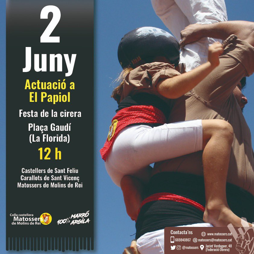 Matossers's tweet photo. Un any més tornarem a actuar a una de les nostres places, El Papiol, en el marc de la Festa de la Cirera 🍒. És aquest diumenge a les 12.00 h a la Plaça Gaudí conjuntament amb els companys de @sommagentes i @carallots 

Ens veiem demà i divendres a les 20h a assaig! 

#castellers https://t.co/cjYLbtxsNq