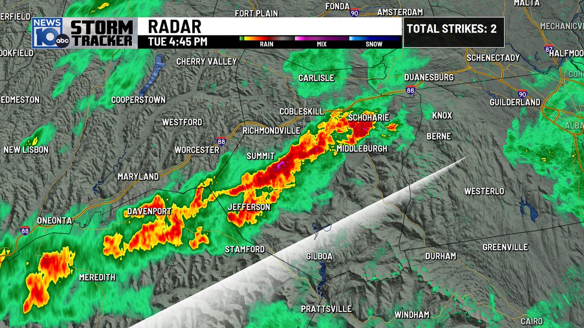 Stormtracker Radar 446pm Scattered Showers-one area moving through the Capital Region. Line of heavier Showers-Some T'storms (small hail poss) from Schoharie to Jefferson in Schoharie county. Activity moving EAST Should weaken this evening.