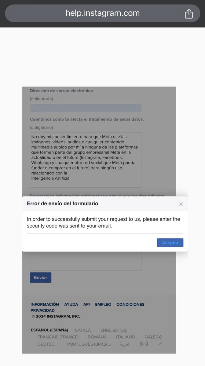 Bacarense's tweet photo. @instagram  es imposible enviar un formulario para negarme a que se use mi información para entrenar a una IA, porque legalmente debéis dar esa opción, pero al enviarlo siempre da error y no hay manera de hacerlo. Que listos sois no?  Obviamente ya he puesto el código solicitado https://t.co/If2sMidXwZ