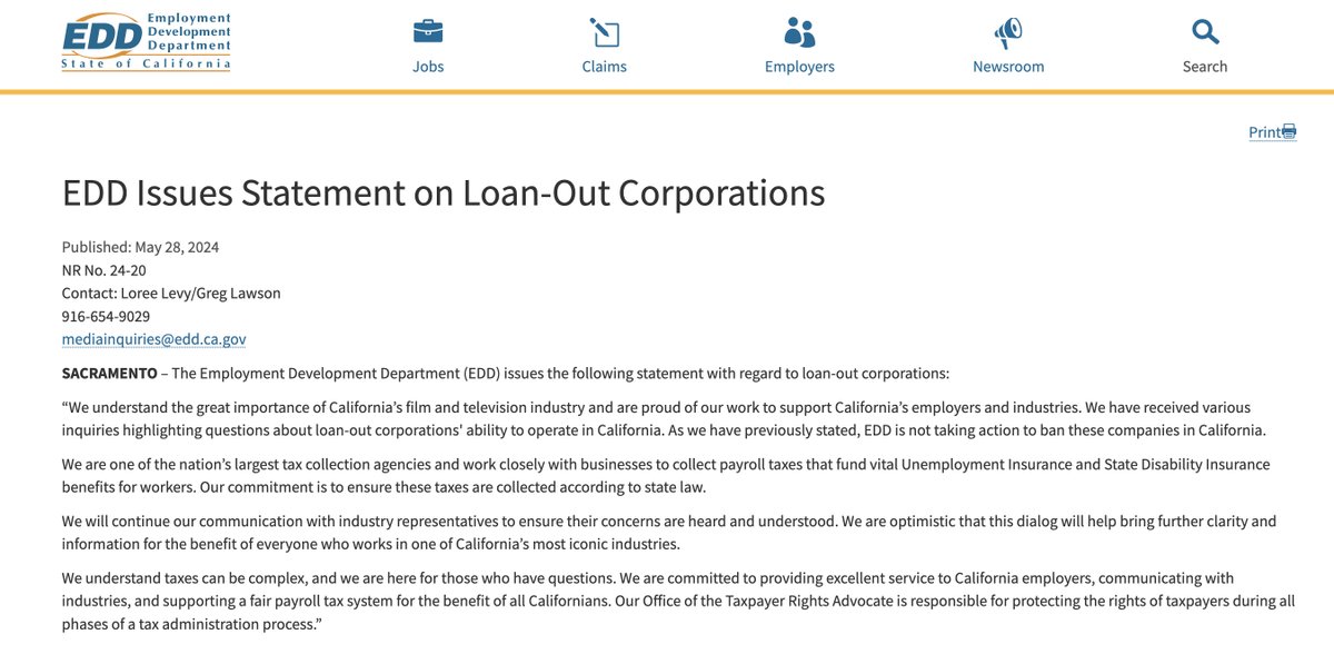 FYI - clarification from the EDD re loan-outs.  Their focus is not on banning loan-outs, but collecting the relevant payroll taxes.