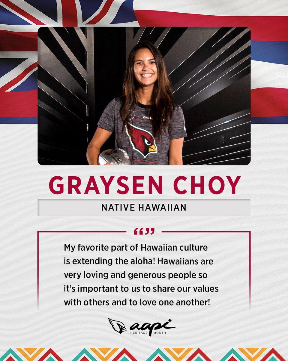 AZCardinals's tweet photo. Continuing to celebrate #AAPIHeritageMonth by highlighting Graysen Choy, our manager of content production.

Graysen represents the Hawaiian culture by showing love and generosity. 🤙 https://t.co/2ZFrDWpFfD