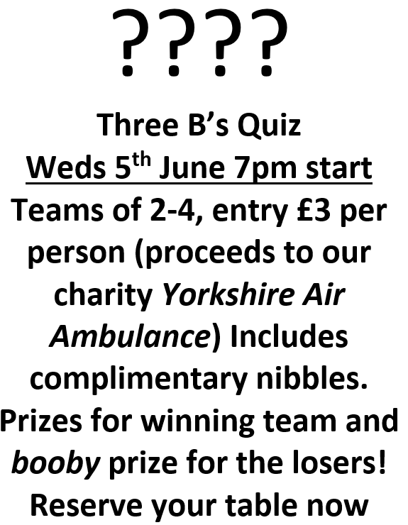 ThreeBsPubBrid's tweet photo. We are restarting the pub quiz on Wednesday 5th of June starting at 7pm.
It will be £3.00 per person with all proceeds going to the @YorkshireAirAmb  Prizes for winning teams and booby prize, includes complimentary snacks. Reserve your table now. https://t.co/6H1pJs3LpN