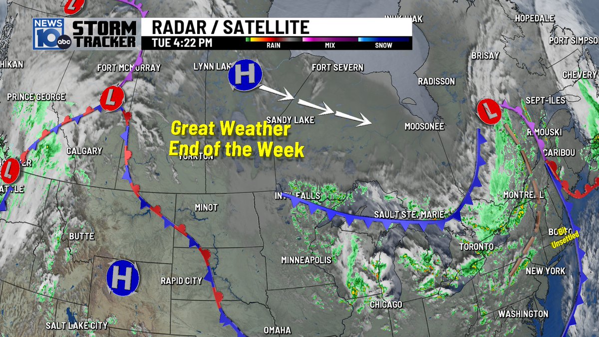 Surface Maps: Weak disturbance this aft./evening producing scattered showers/thunder. Another disturbance rolls south of us tomorrow-the chance of a shower. BIG ridge of High Pressure arrives Thursday & will bring us dry and warmer weather for the end of the week and the weekend.