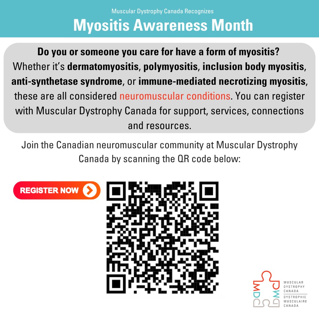 May is Myositis Awareness Month!
Do you or someone you care for have a form of myositis? Register with Muscular Dystrophy Canada to access support, services, connections, and resources - muscle.ca/take-action/jo…

#MyositisAwarenessMonth #Myositis