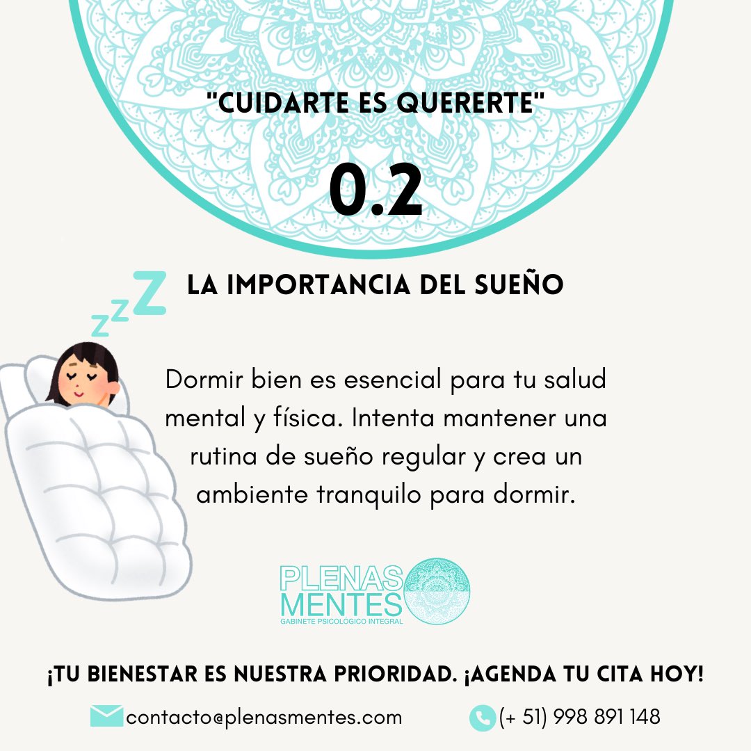 PlenasMentes's tweet photo. ✨ Cuidarte es Quererte ✨

Dormir bien es esencial para tu salud mental y física. 💤 Intenta mantener una rutina de sueño regular y crea un ambiente tranquilo para dormir. 🌙🛏️

¡Agenda tu cita hoy! 📞 (+51) 998 891148

#Autocuidado #SaludMental #Bienestar https://t.co/KO9Ea6XPUe