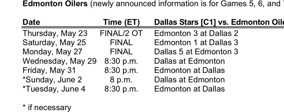 Updated start times for Stars-oilers