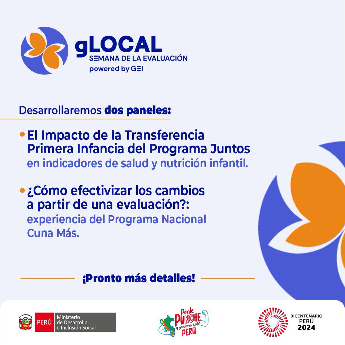 📢 ¡No te pierdas la Semana de Evaluación #gLocal 2024! El Midis presentará dos paneles: 1° sobre el impacto del Programa JUNTOS en salud y nutrición infantil, y 2° sobre la efectividad del Programa Nacional Cuna Más.
¡Síguenos para más información #EvidenciaMidis #gLOCAL2024