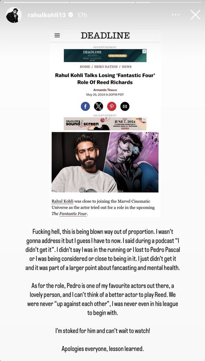 Rahul Kohli clarifies his comments regarding the possibility of playing Reed Richards in 'THE FANTASTIC FOUR': 'I didn't say I was in the running or I lost to Pedro Pascal or I was being considered or close to being in it.' 'We were never 'up against each other', I was never