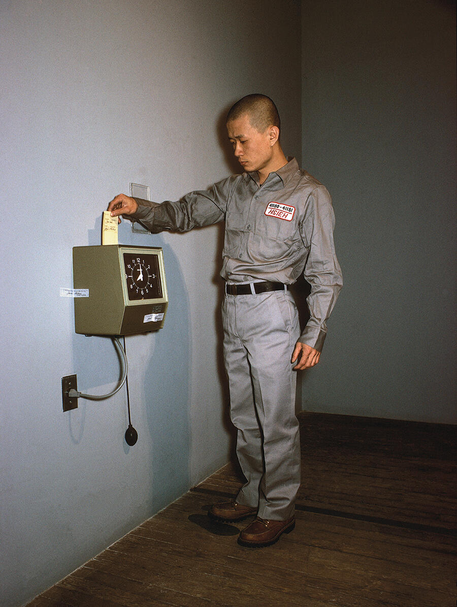 For one year, from 11 April 1980 through 11 April 1981,  Tehching Hsieh punched a time clock every hour on the hour. Each time he punched  the clock, he took a single picture of himself, which together yield a  6-minute movie, here:  ubu.com/film/hsieh_clo…
