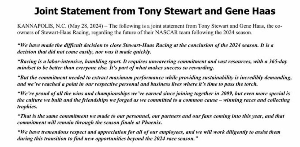 News in @NASCAR Today. @StewartHaasRcng owners Tony Stewart and Gene Haas are closing the doors at the end of 2024 Season. That puts four charters on the market for teams, and the possibility of more new owners. #NASCAR