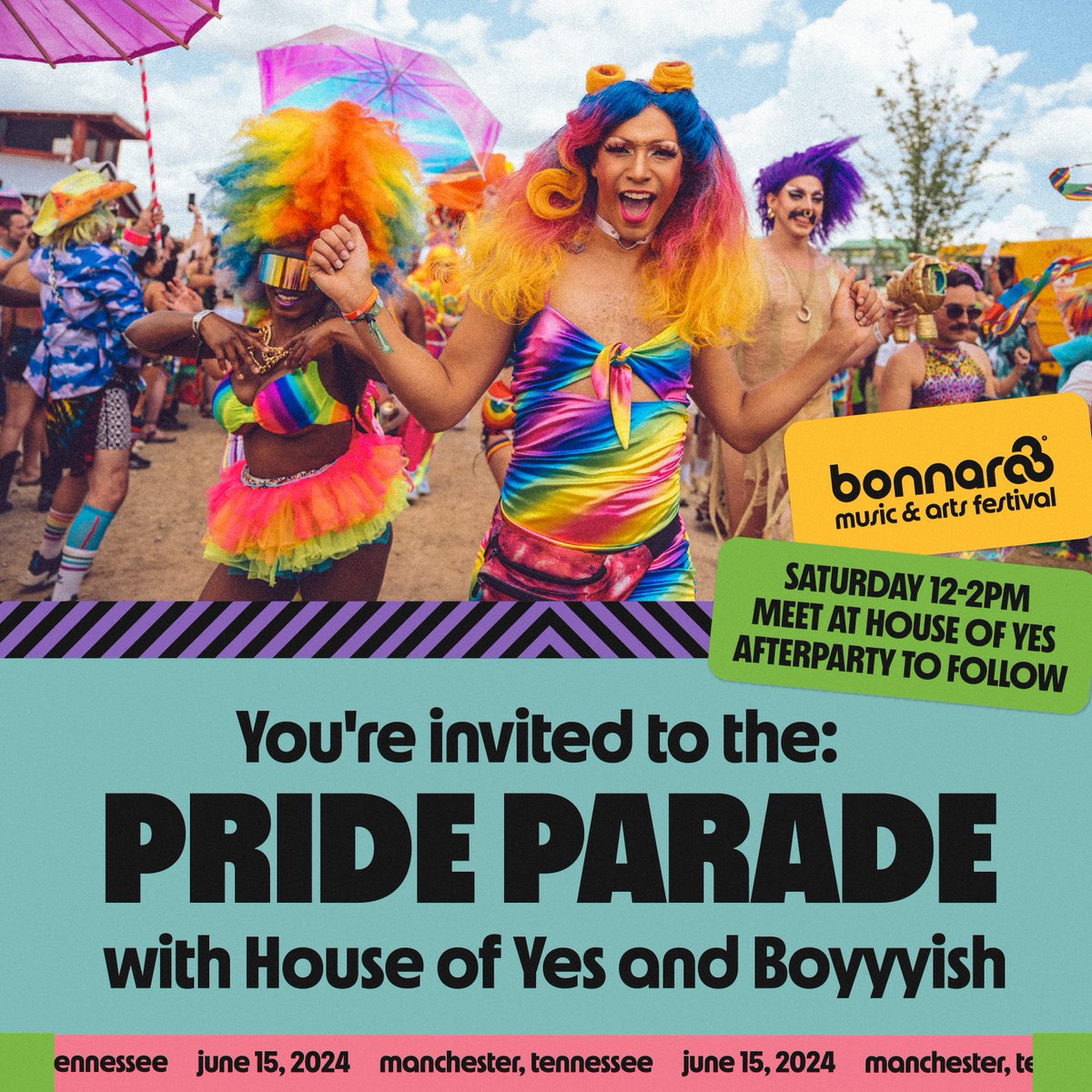 Bonnaroo (@bonnaroo) on Twitter photo your pride parade is BACK ✌️🌈 march with us from <a href="/houseofyesnyc/">House of Yes</a> on saturday, june 15 + catch an iconic boyyyish DJ set along the way! your pride parade is BACK ✌️🌈 march with us from <a href="/houseofyesnyc/">House of Yes</a> on saturday, june 15 + catch an iconic boyyyish DJ set along the way!