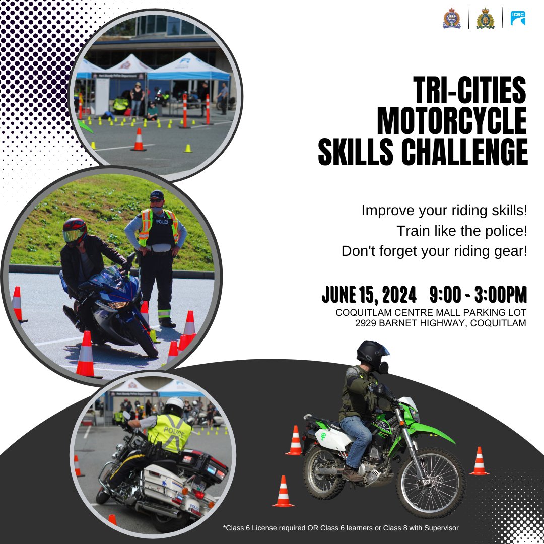 We're teaming up with @RoadSafetyKath, @ICBC and <a href="/PortMoodyPD/">Port Moody Police</a> for the Tri-Cities Motorcycle Skills Challenge 🏍️

All motorcyclists are invited to drop-in and test your riding skills on an advanced skills course. Officers will provide tips to help riders enhance their skills.