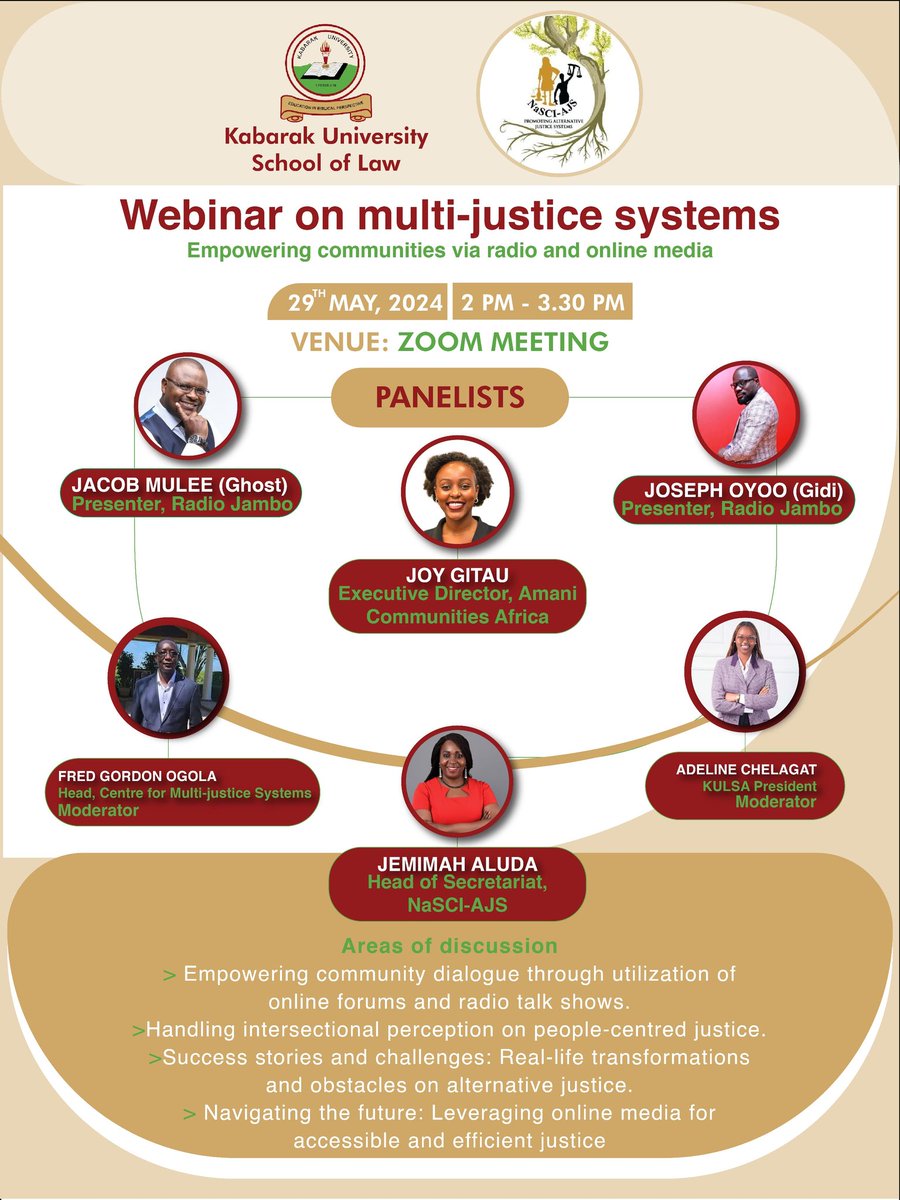 Kabarak Law School (@lawkabarak) on Twitter photo Today, we will have a multidisciplinary discussion on multi-justice systems and how communities can be empowered via radio and online media.
We will hear from media personalities and lawyers!
Do join us via kabarak-ac-ke.zoom.us/webinar/regist…
Karibuni!
<a href="/JacobMulee/">Jacob mulee(ghost)</a> <a href="/AmaniCommunitys/">Amani Comm_Africa</a> Today, we will have a multidisciplinary discussion on multi-justice systems and how communities can be empowered via radio and online media.
We will hear from media personalities and lawyers!
Do join us via kabarak-ac-ke.zoom.us/webinar/regist…
Karibuni!
<a href="/JacobMulee/">Jacob mulee(ghost)</a> <a href="/AmaniCommunitys/">Amani Comm_Africa</a>
