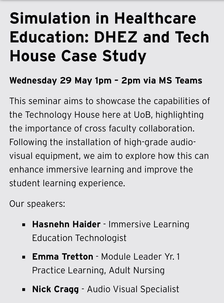 Adding the finishing touches to tomorrow's seminar for <a href="/DigitalHealthEZ/">DHEZ</a> - so if you are interested in how we are using simulation here at <a href="/UoB_Nursing/">Nursing at University of Bradford</a> please feel free to join! Click the link below for more details 👇🏽✨💫

bradford.ac.uk/dhez/innovativ…