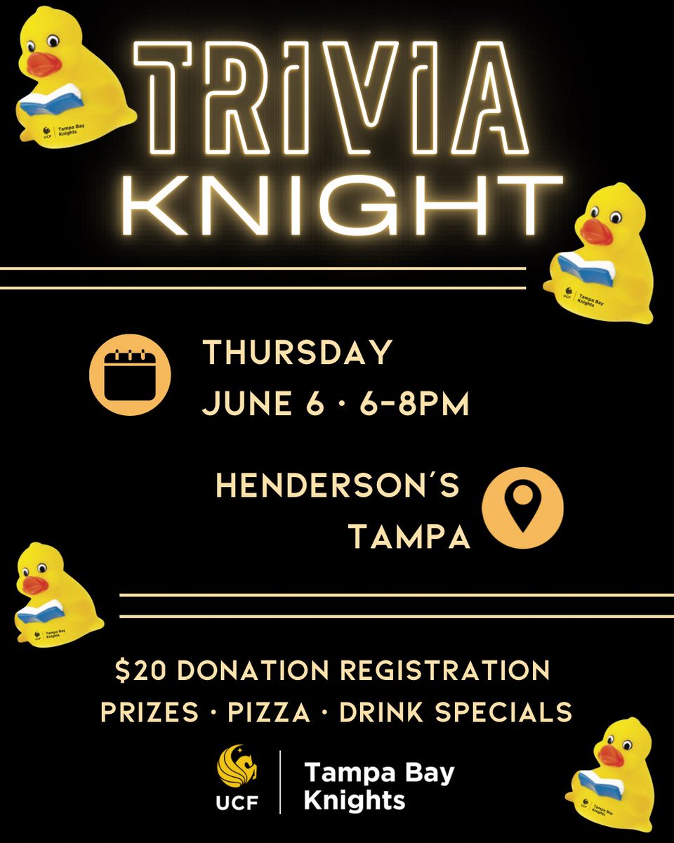 Have you registered for Trivia Knight yet?! Join us for a fun night of connecting with other Tampa Bay AlumKnights. Win prizes, enjoy free pizza and get a free Limited Edition duck with registration ⚡️🔛 Link in Bio!