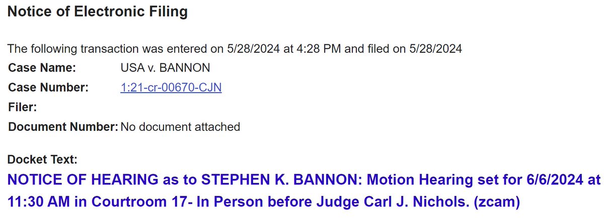 BREAKING: There will be a hearing June 6th on whether to remand STEVE BANNON to prison.