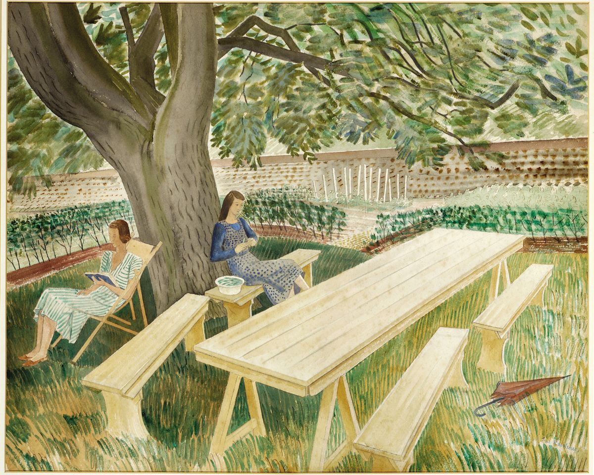 Two Women in A Garden, Eric Ravilious, 1932. Painted at Brick House, Great Bardfield in #Essex, it depicts Tirzah Garwood, Eric’s wife, and Charlotte Bawden, who was married to artist Edward Bawden. The original artwork is in the collection of @FryArtGallery.