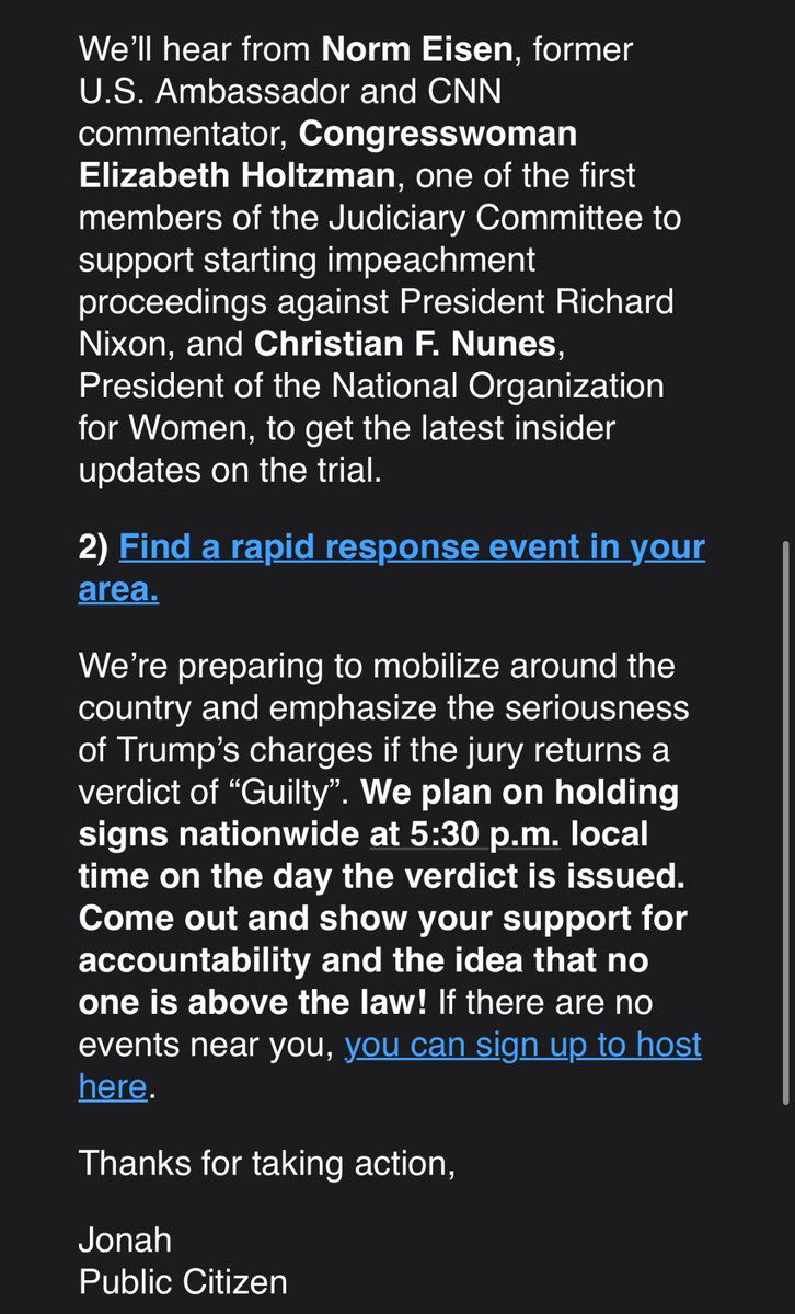 Activists Norm Eisen, Christian F. Nunes, Rep. Holtzman & Ruth Ben-Ghiat already have a call set up to discuss the verdict tomorrow and they’re already planning events to support “accountability”… why do I only get these emails from lefties?