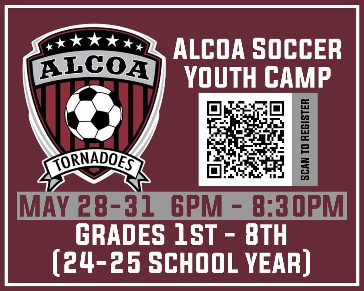 Alcoa Youth Soccer Camp starts tonight! Open to every 1st -8th Grader. Scan the QR Code or click the link for more information and to register! alcoaschools.schoolcashonline.com/Fee/Details/12… edl.io/n1921628