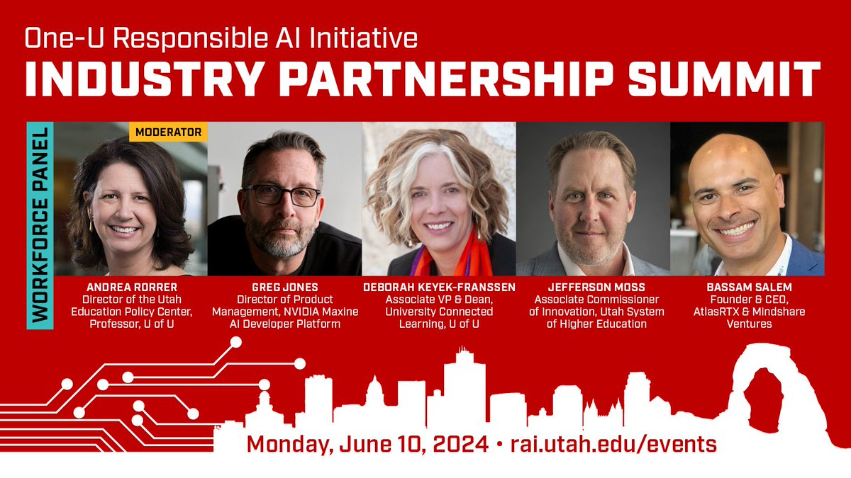 One-U Responsible AI Initiative (@oneu_rai) on Twitter photo Our June 10 workforce development panel features former <a href="/uusci/">Scientific Computing and Imaging Institute</a> associate director Greg Jones, now of <a href="/NVIDIAAIDev/">NVIDIA AI Developer</a>; <a href="/BassamSalem/">Bassam Salem (بسام)</a> of <a href="/AtlasRTX/">AtlasRTX</a> and <a href="/MindshareUtah/">Mindshare Ventures</a>; and reps from @uutah and <a href="/higheredutah/">Utah System of Higher Education</a>. Moderated by <a href="/AKRBridging/">Andrea K. Rorrer</a> of @UtahUEPC.
Register: lu.ma/awa7tlku Our June 10 workforce development panel features former <a href="/uusci/">Scientific Computing and Imaging Institute</a> associate director Greg Jones, now of <a href="/NVIDIAAIDev/">NVIDIA AI Developer</a>; <a href="/BassamSalem/">Bassam Salem (بسام)</a> of <a href="/AtlasRTX/">AtlasRTX</a> and <a href="/MindshareUtah/">Mindshare Ventures</a>; and reps from @uutah and <a href="/higheredutah/">Utah System of Higher Education</a>. Moderated by <a href="/AKRBridging/">Andrea K. Rorrer</a> of @UtahUEPC.
Register: lu.ma/awa7tlku