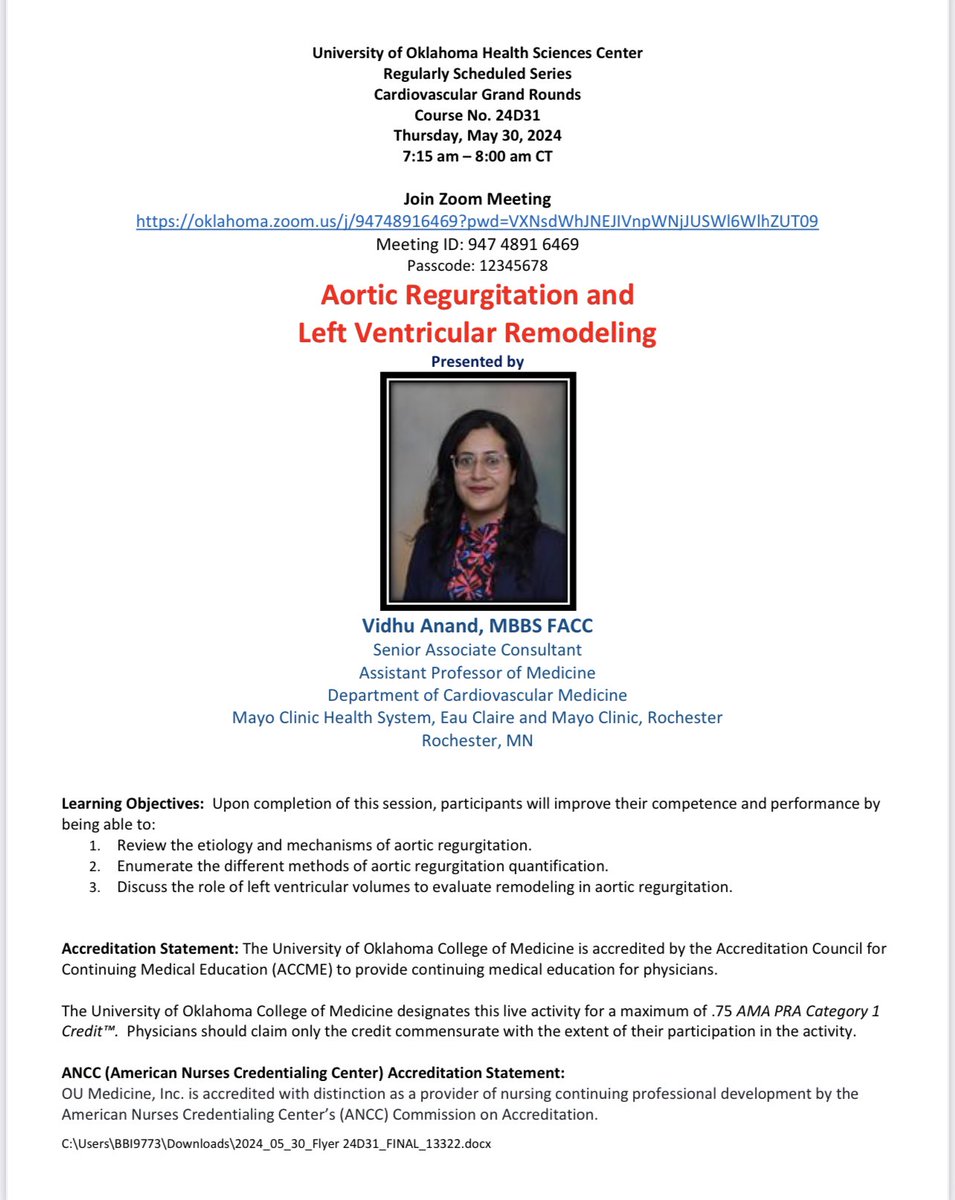 💫 Delighted to host Early Career Faculty, Dr. Vidhu Anand from Mayo at the next OU Virtual CV Grand Rounds on 5/30/24 💫 Review on aortic regurgitation & LV remodeling oklahoma.zoom.us/j/94748916469?… @OUHealth @vidhu_anand @SharonneHayes @DavidWienerMD @DrMarthaGulati