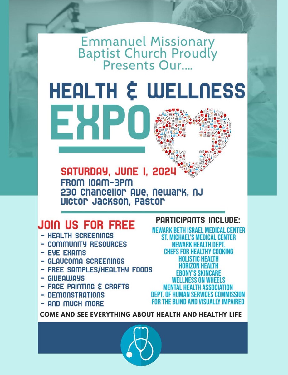 Saint Michael's is proud to participate in the Health and Wellness Expo on Saturday, June 1, from 10 a.m. to 3 p.m. at Emanuel Missionary Baptist Church, 230 Chancellor Ave., Newark. Hope to see you there!