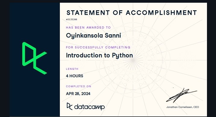 Exactly a month ago, I completed the Introduction to Python course on @DataCamp thanks to @Ingressive4Good for the scholarship. Before the end of next month, I'll be a certified data analyst with python.
It's not been easy but what I'm building myself to be has been my motivation