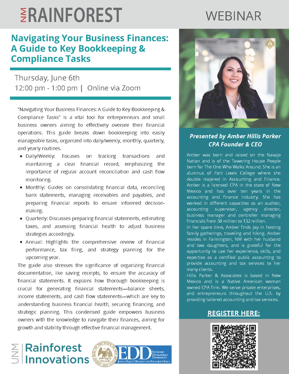 NMecondev's tweet photo. Join @unminnovations for an overview of "Navigating Your Business Finances: A Guide to Key Bookkeeping &amp; Compliance Tasks" on June 6. You'll learn the essential tools necessary to keep your business's finances on track, and more. Register now. >> https://t.co/kttYsVbpVf

#NMEcon https://t.co/vSdrgFRlEP