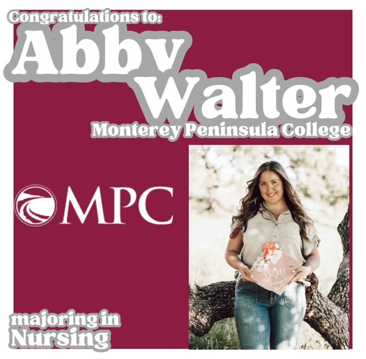 As we continue to celebrate the post-high school plans of Hollister High School seniors, we are proud to announce that Abby Walter will attend Monterey Peninsula College in the Fall, majoring in nursing and playing volleyball.