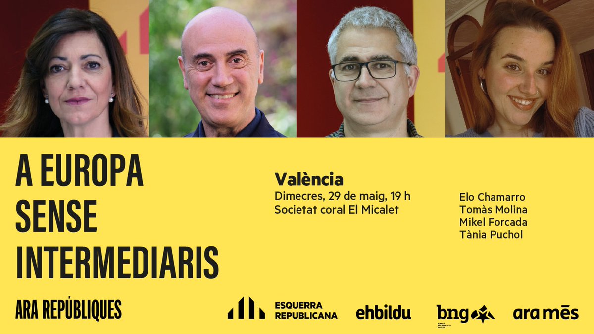 Vine i escolta l’única opció que va a #Europasenseintermediaris ni amos a Madrid Demà dimecres 🕖19h 📍 Societat Coral El Micalet de #València @TomasMolinaB acompanyat del candidat d'ERPV #MikelForcada, @EloChamarro i Tània Puchol del @JoventPV #AraRepúbliques