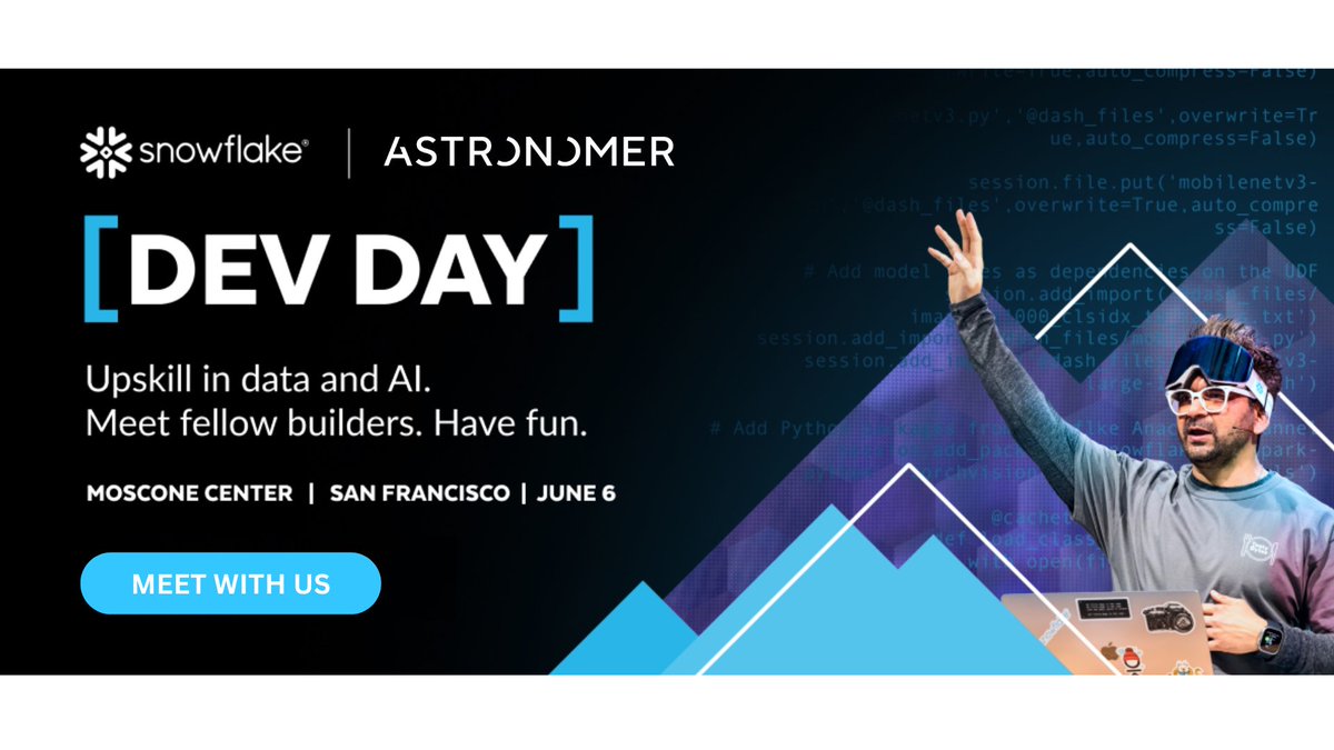 Dive into Snowflake's #DataCloudDevDay with us! ❄️ Join Astronomer in San Francisco on June 6th to level-up your #AIdata skills, see how to build 🏗️ end-to-end #MLPipelines with #Snowflake and #ApacheAirflow, mingle with fellow builders, and more! bit.ly/4ao3yU5