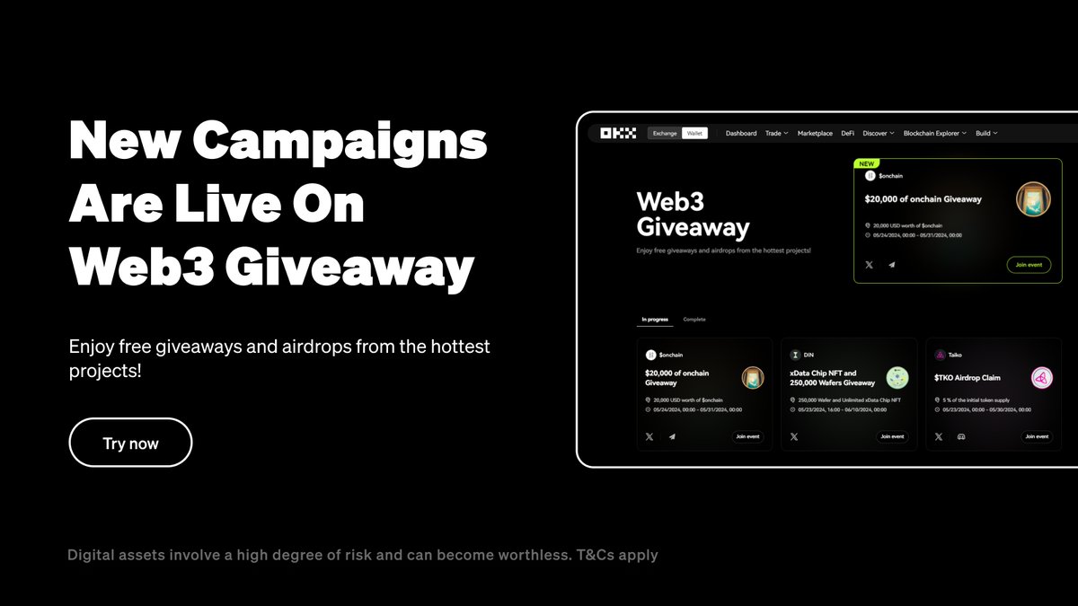 Check out this week's campaigns and airdrops with @din_lol_, @onchaincoin, @TraderJoe_xyz, @pangolindex & @taikoxyz. 📱 OKX App: Wallet > More > Web3 Giveaway 🖥️ Desktop: bit.ly/3IZXgif Head here to get notified when our new giveaways drop: t.me/okxweb3giveawa…