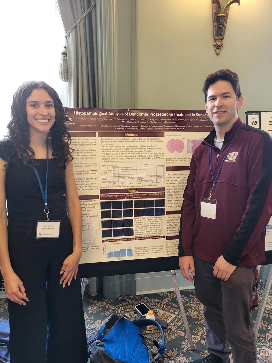 Lianna Bolen presented her research at <a href="/SfnMichigan/">SFN Michigan Chapter</a> titled "Histopathological Analysis Of Dendrimer Progesterone In Stroke Rat Brain" funded by <a href="/American_Heart/">American Heart Association</a> and <a href="/CmichOrgs/">CMICH ORGS</a> . Mentored by <a href="/j_rossignol/">Julien Rossignol</a>. @CMU_Medicine.

<a href="/SfNtweets/">Society for Neuroscience (SfN)</a>