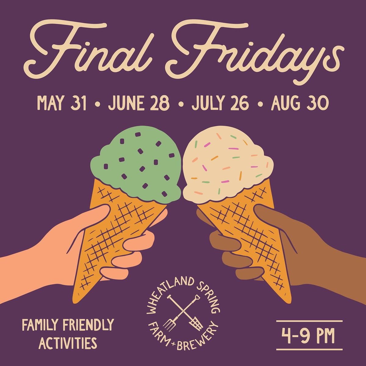 WheatlandSpring's tweet image. Heading into our FIRST Final Friday of the Summer!
MAY 21st // 4-9PM

- Scavenger Hunt (new this year!) 🔎 4-8PM (self paced) 
- Matt + Matt duo original live musical performance 🎶 5-8PM
-  🌮 4-8PM 
-  🍕4-8PM
- 🍦5-7PM