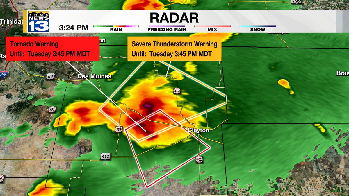 ⚠️ Tornado Warning southwest of Clayton, NM in Union County until 3:45 PM. The tornado is radar indicted, and this storm will stay over rural areas. #NMwx