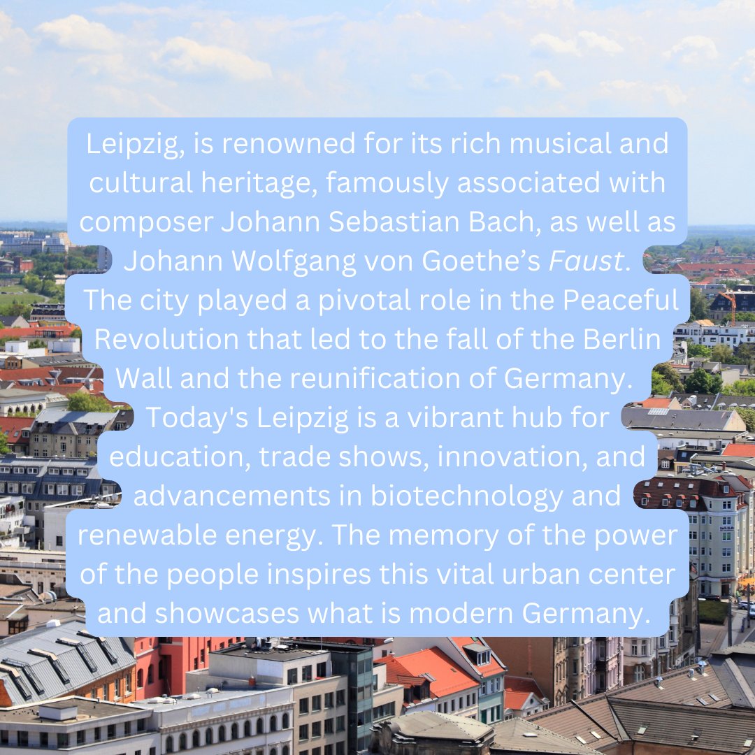 TOPTeachGermany's tweet photo. Today we would like to highlight the revolutionary city of #Leipzig. Our #TOPstudytour 2 and 4 will visit this #German city. #TOPAlumni share your favorite memories of Leipzig with us!
#TOPteachgermany https://t.co/pM2xLcK8vd