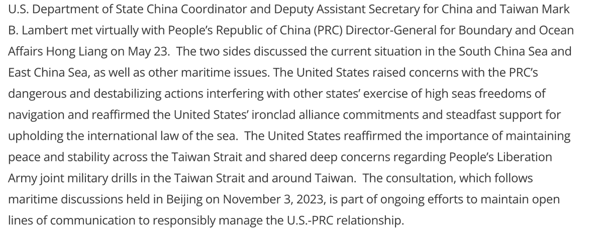 The U.S. and PRC held the 2nd round of consultations on maritime affairs. The dialogue was led by Mark Lambert from State and Hong Liang from MFA. The only consensus in the two readouts relate to the need to 'maintain open lines of communication.' state.gov/china-coordina…