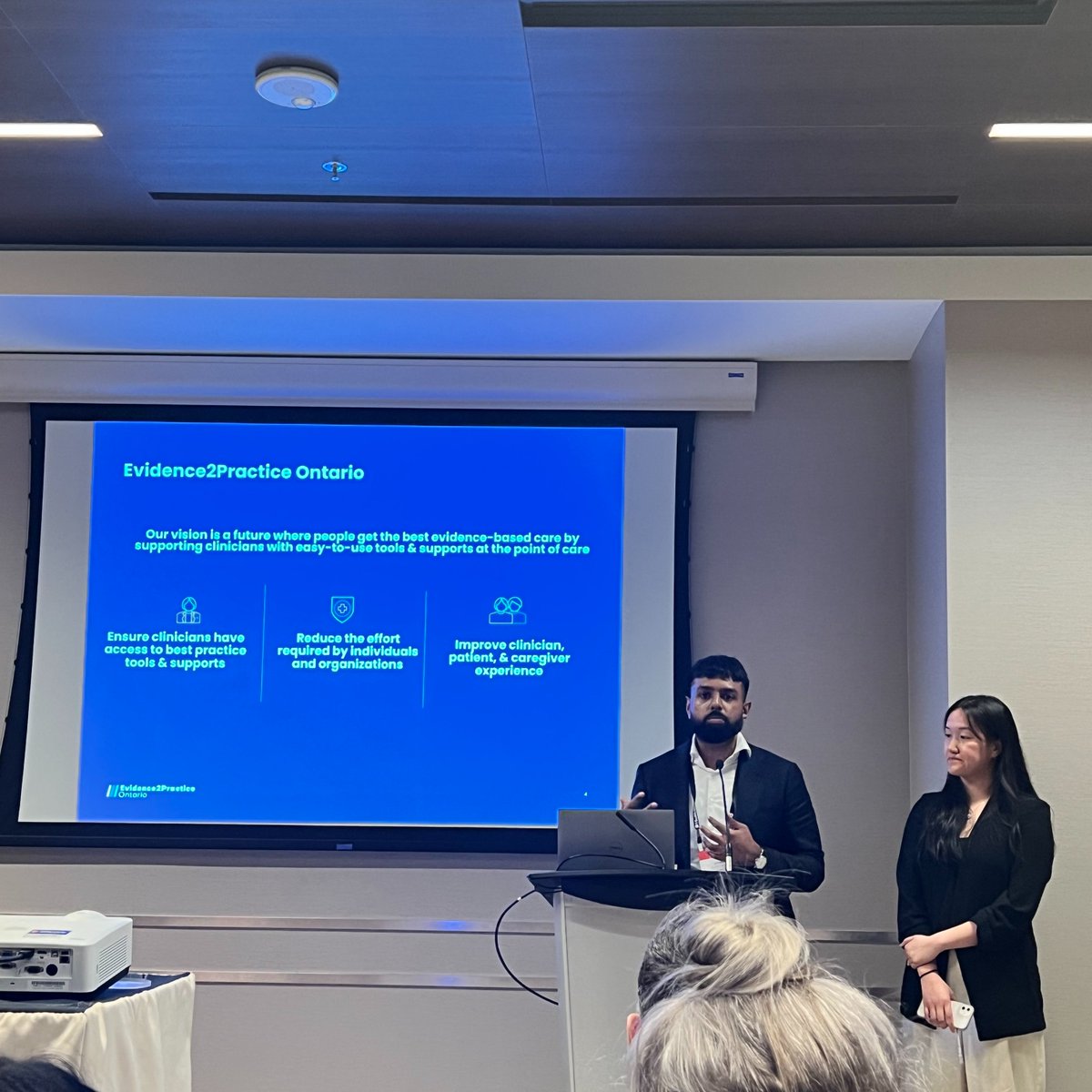 Shout out to our colleagues at @NYGH_News for presenting on Evidence2Practice Ontario (E2P), a program co-lead by us, NYGH and @eHealthCE, at the @eHealthConf today! Learn more about the digital tools and implementation supports available through E2P at e2p.ca.