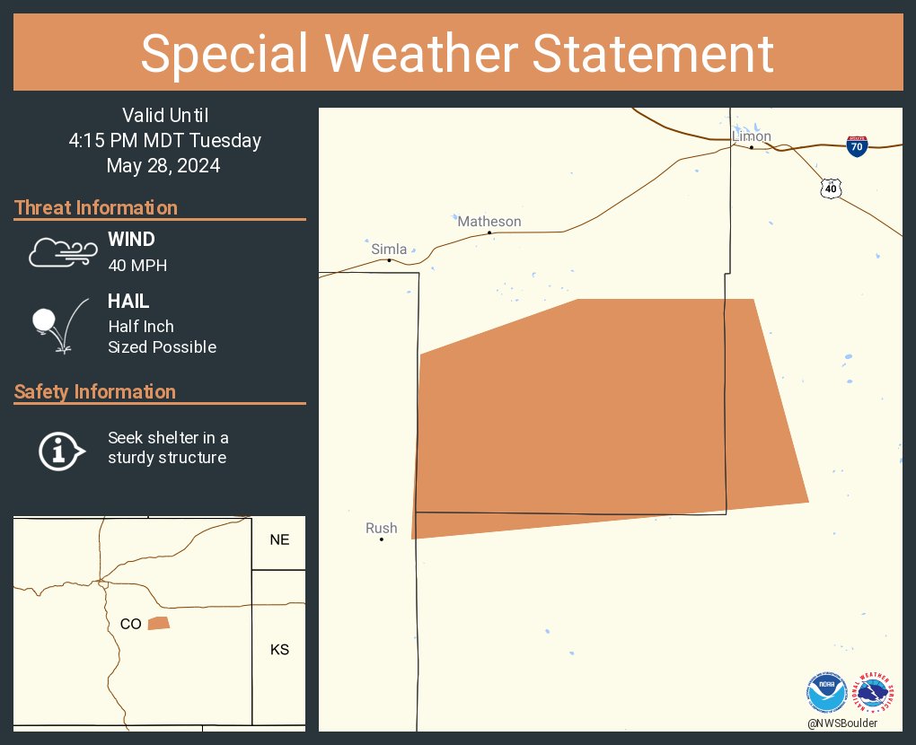 A special weather statement has been issued for Elbert County, CO until 4:15 PM MDT #COwx