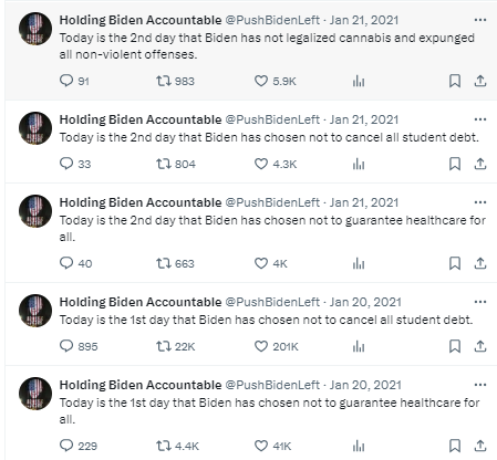 Lol. This is what this guy was Tweeting during the first days of the Biden administration. It's always been a Republican ratfucking account since Day 1. There was never anything Joe Biden would've been able to do to win his vote.