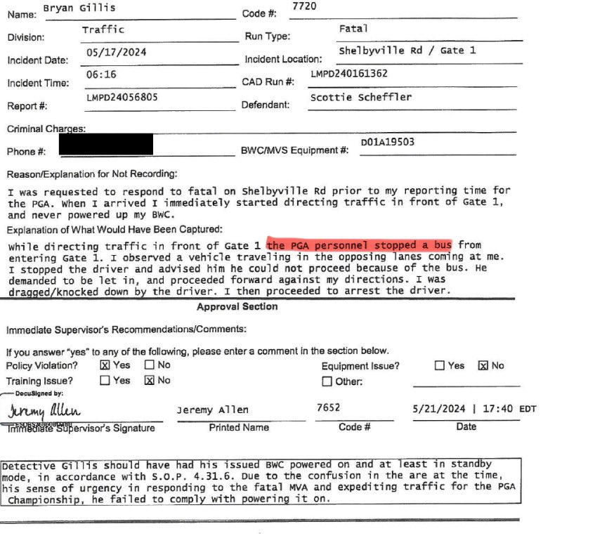 terrymeiners's tweet image. Here’s the audio of Scottie Scheffler, speaking to Louisville police after he was arrested. 

“You’re right. I should have stopped. I did get a little impatient…he grabbed my shoulder and hit me. It seemed to be a little bit over aggressive.”

audio: facebook.com/maxwellamitche…