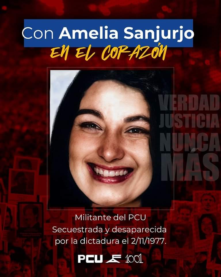 Con Amelia en el corazón. La compañera que recuperamos en el Batallón 14 es Amelia Sanjurjo,militante del PCU,secuestrada y desaparecida el 2 de noviembre de 1977 por el fascismo.

Verdad,Justicia y Nunca Más.

@PCU_FA