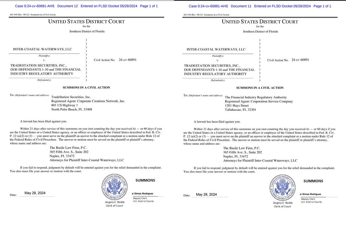 🚨Court Issues Summonses for @TradeStation and @FINRA in High-Stakes Florida RICO and Securities Fraud Case🚨

In a significant legal development, the @BasileEsq  Law Firm has initiated a RICO and securities fraud lawsuit against @TradeStation on behalf of an #MMTLP investor.